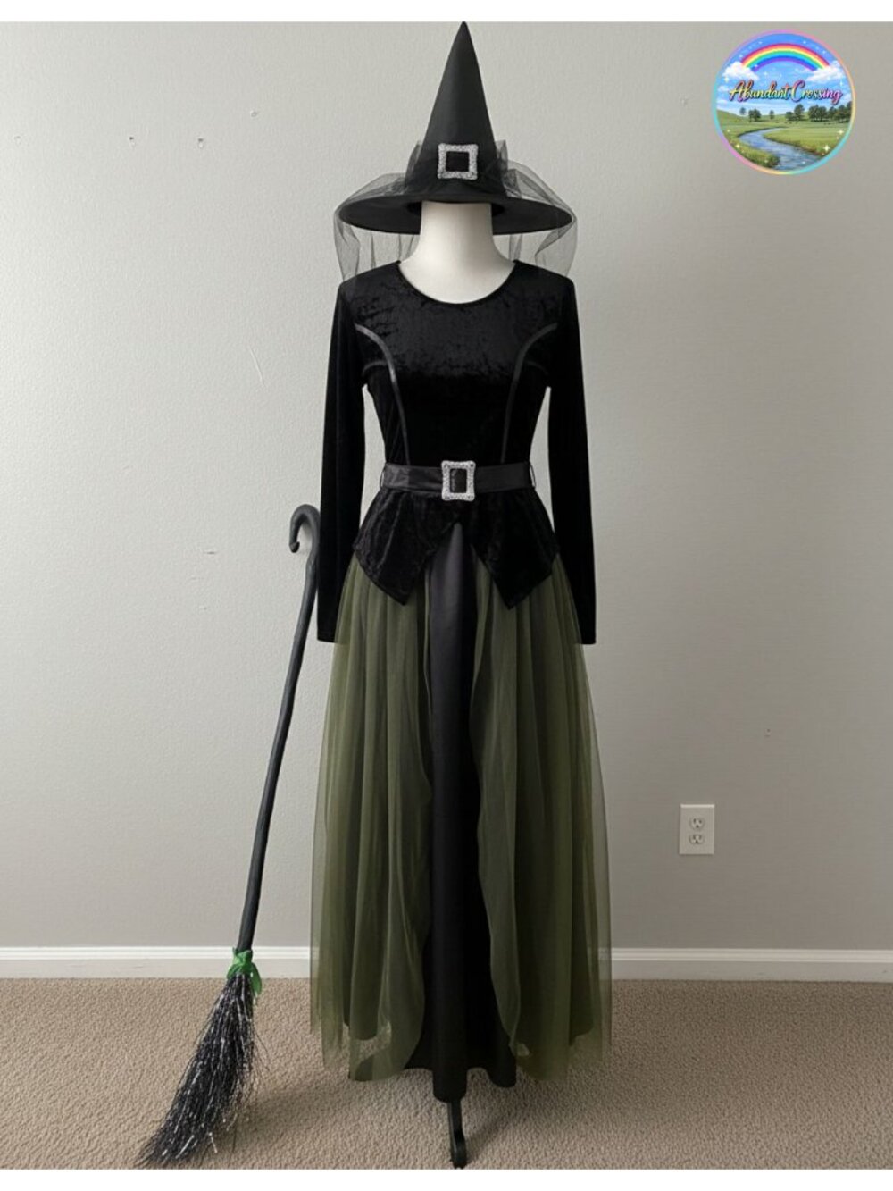 Witch Costume Set Long Dress Hat Belt Velvet Cosplay Halloween
